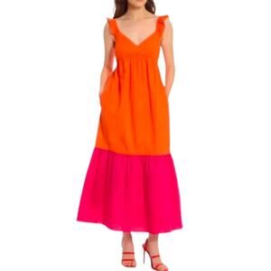Donna Morgan Colorblock Tiered Trapeze  Dress Pink/ Orange Maxi Size 12